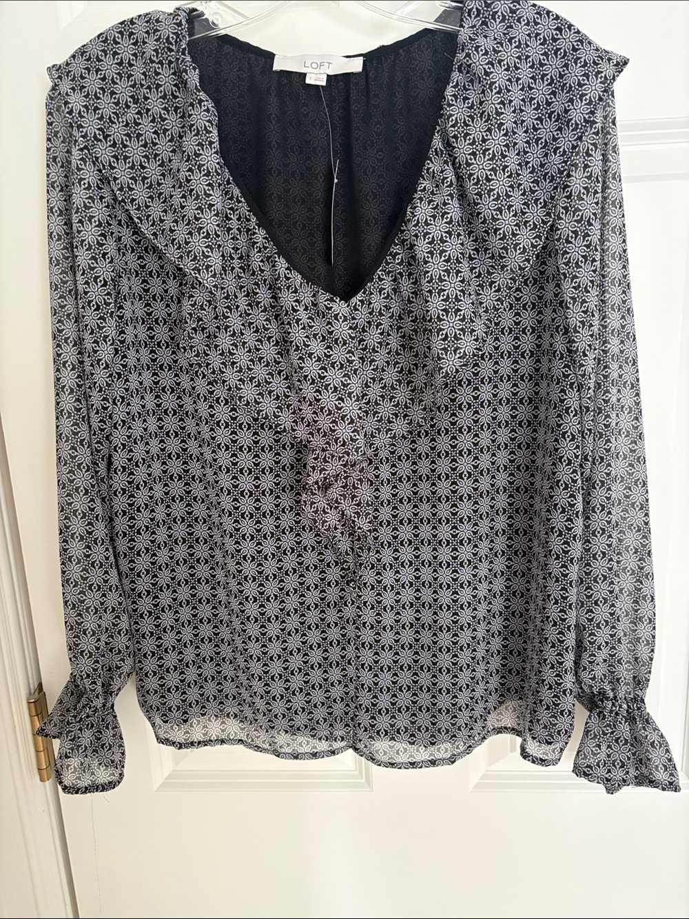 LOFT Black and White Printed V-Neck Ruffle Blouse